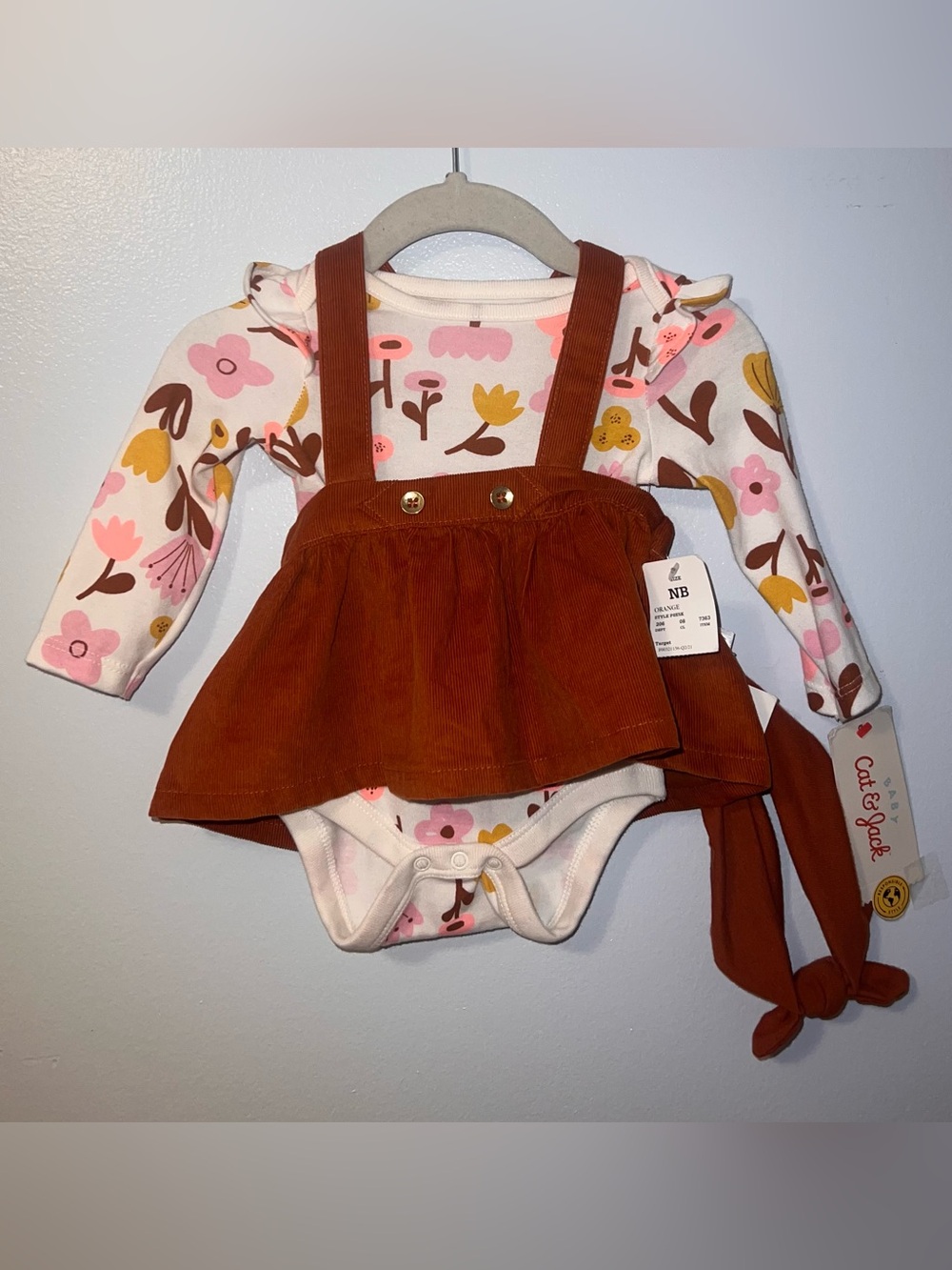 Cat & Jack Rust-Colored Corduroy Suspender Dress with Floral Onesie + Headband